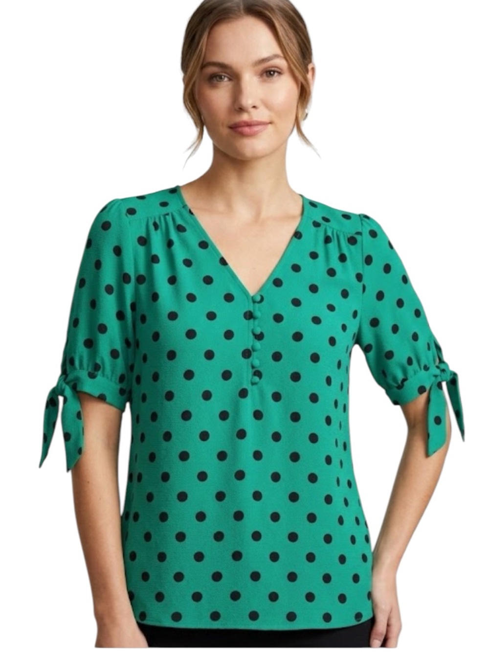CeCe Kelly Green Polka Dot Tie Sleeve Blouse Size‎ S